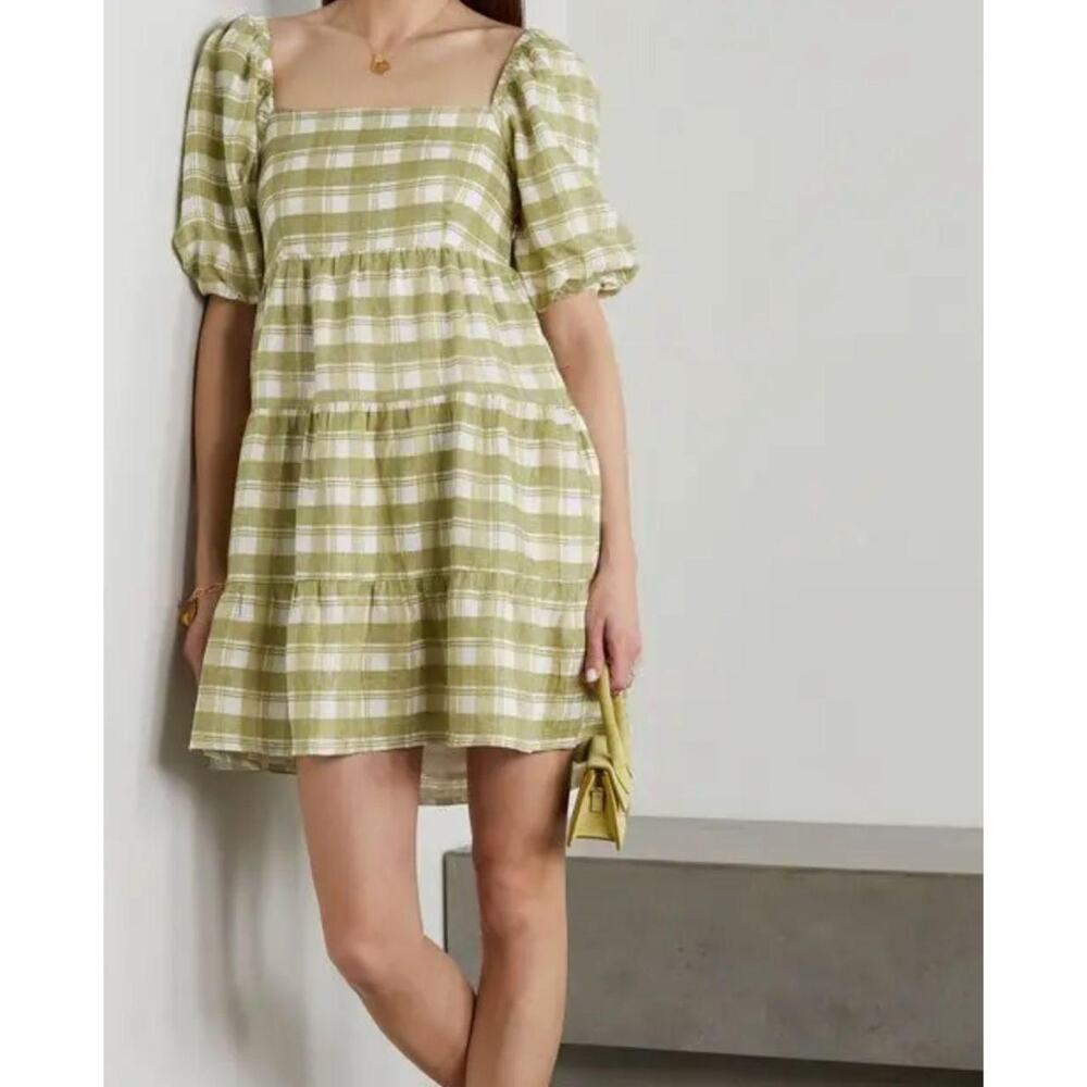 FAITHFULL THE BRAND Net Sustain Leilani Shirred Checked Linen Mini Dress Size S